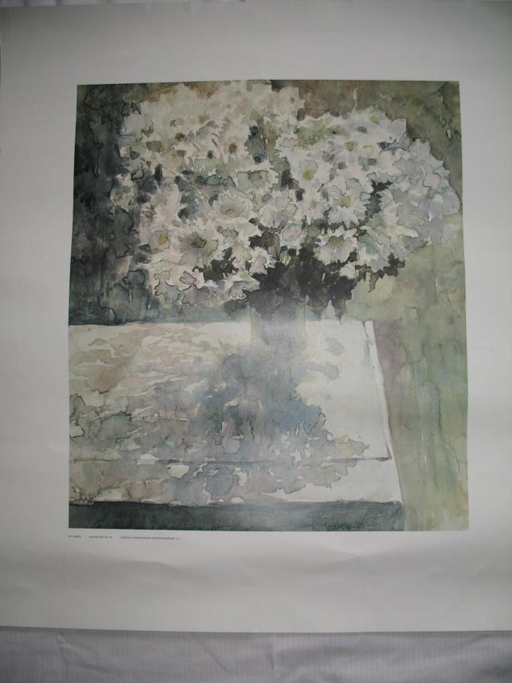 Grote Aquarel Poster Vaas Witte Chrysanten Ton Albers, Antiek en Kunst, Kunst | Overige Kunst, Ophalen of Verzenden