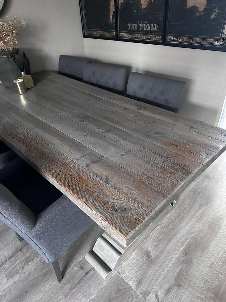 Robuuste kloostertafel 220x100 - Greywash, Huis en Inrichting, Tafels | Eettafels, Gebruikt, 100 tot 150 cm, 200 cm of meer, Vijf personen of meer