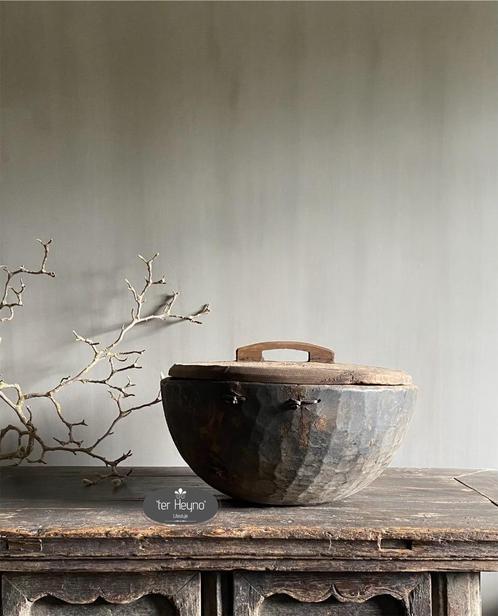 Oud houten pot met deksel bak hout stoer sober landelijk, Huis en Inrichting, Woonaccessoires | Overige, Nieuw, Verzenden
