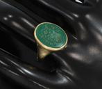 Groene onyx familiewapen 14k gouden vintage zegel ring, Verzenden, Goud, Ring, Met edelsteen