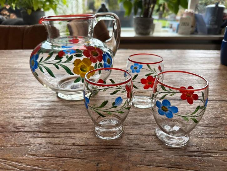 Vintage waterkan met glazen - handgeschilderd, Antiek en Kunst, Antiek | Glas en Kristal, Ophalen of Verzenden