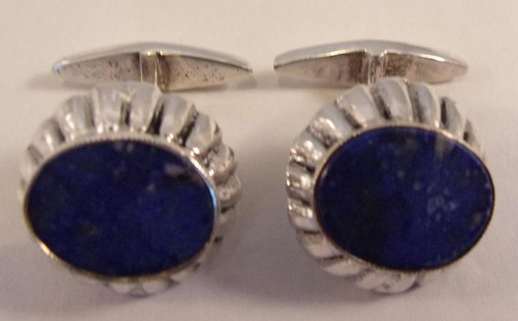 Antieke massief zilveren manchetknopen + Lapis Lazuli plaat, Sieraden, Tassen en Uiterlijk, Antieke sieraden, Manchetknopen, Zilver