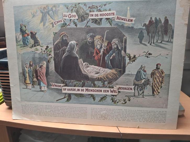 Kerstmis litho met religieuze voorstelling, Antiek en Kunst, Antiek | Religie, Ophalen of Verzenden