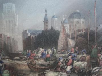 staalgravure Vismarkt Rotterdam met kerken, W,. Floyd, 1845 beschikbaar voor biedingen