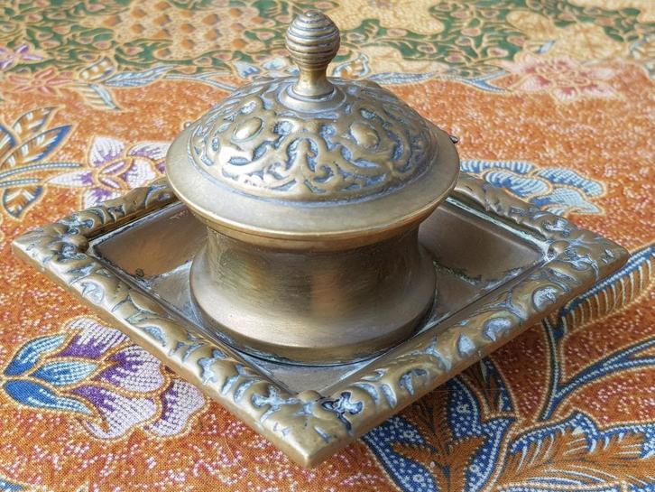 Originele antieke Engelse inktpot van koper en porselein., Antiek en Kunst, Antiek | Woonaccessoires, Ophalen of Verzenden