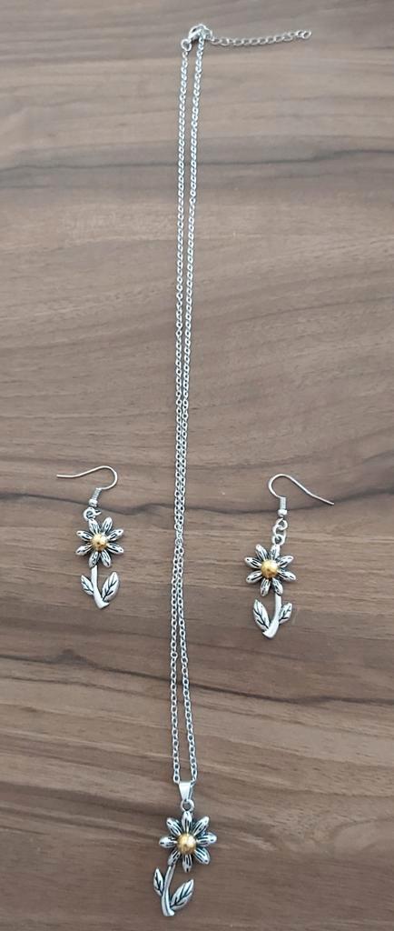 Rvs ketting met madelief hanger en bijpassende oorhangers., Sieraden, Tassen en Uiterlijk, Kettingen, Nieuw, Zilver, Met hanger