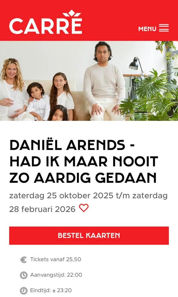 Een ticket voor Daniel Arends in Carre, Tickets en Kaartjes, Theater | Cabaret en Komedie, Eén persoon, Oktober