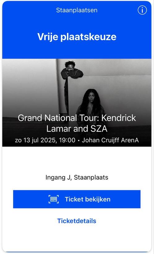 Kendrick Lamar SZA Ticket Staanplaats Ingang J, Tickets en Kaartjes, Concerten | Pop, Eén persoon, Juli