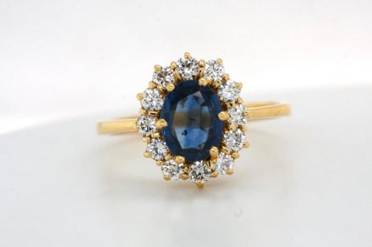 18K Gouden Ring met Saffier en Diamanten - Maat 57, Sieraden, Tassen en Uiterlijk, Ringen, Nieuw, Dame, 18 tot 19, Goud, Met edelsteen