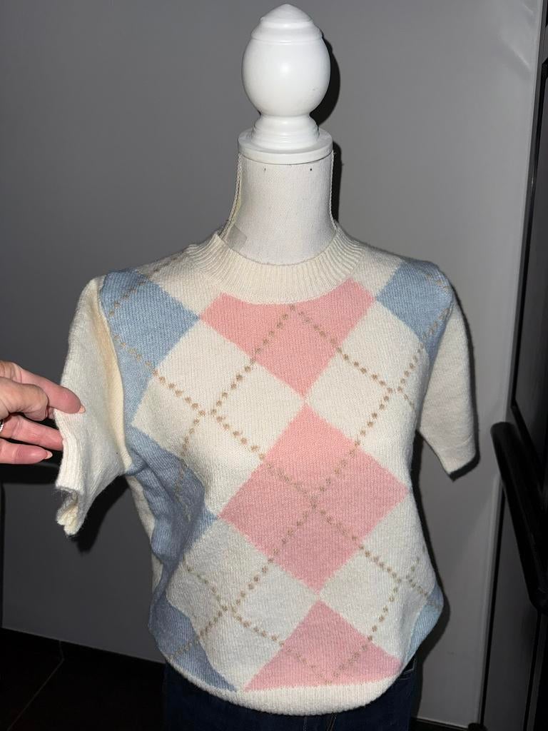 Trui korte mouw MOOCCI wit roze blauw wybertje motief 1 mt, Kleding | Dames, Tops, Maat 38/40 (M), Beige, Nieuw, Ophalen of Verzenden