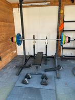 Bench press + Halter+plates 130KG en power rack complete set, Sport en Fitness, Fitnessmaterialen, Gebruikt, Fitnessbank, Rug