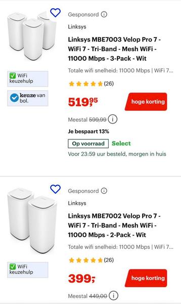 Linksys Velop Pro 7 (5x) - WiFi 7 - Tri-Band - 11000 Mbps beschikbaar voor biedingen
