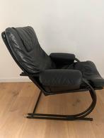 Vintage fauteuil jaren ’80 zwart leer, Ophalen, Gebruikt, 75 tot 100 cm, Leer