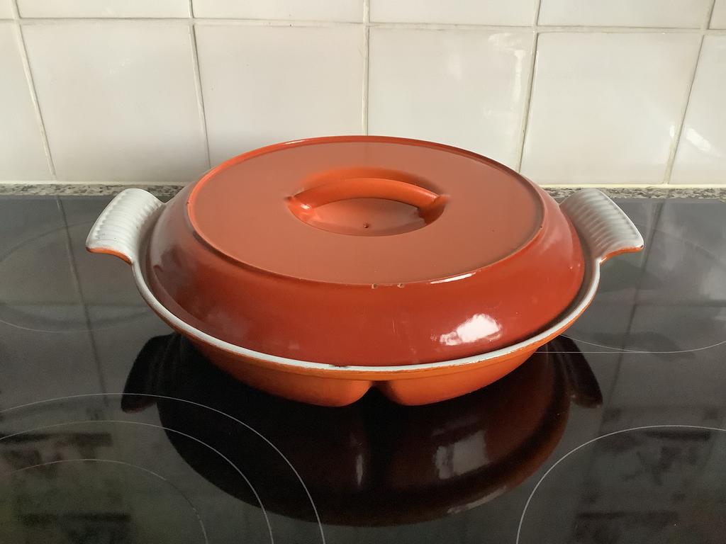 Vintage emaille drievaks pan met deksel, Ophalen of Verzenden, Zo goed als nieuw