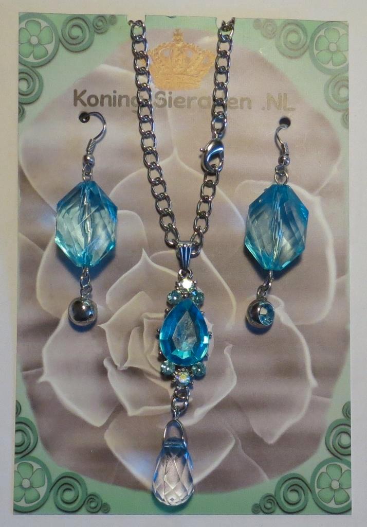 Blauw strass Setje hanger en oorbellen met ketting, Sieraden, Tassen en Uiterlijk, Kettingen, Nieuw, Overige materialen, Blauw