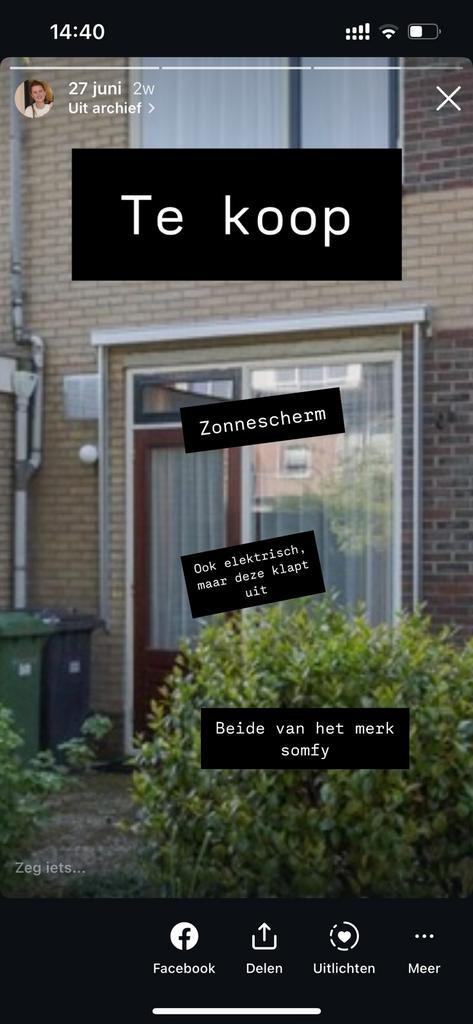 Elektrisch zonnescherm Somfy, Tuin en Terras, Zonneschermen, Zo goed als nieuw, Uitvalscherm, Minder dan 250 cm, Elektrisch, Ophalen