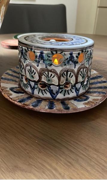 Windlicht theelicht aardewerk blauw wit bruin beschikbaar voor biedingen