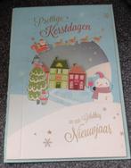 Kerst kaart blauw - besneeuwd dorpje. Sneeuwman., Ophalen of Verzenden, Zo goed als nieuw