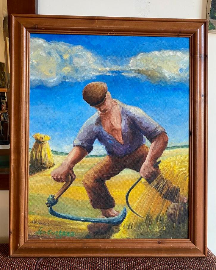 Groot portret maaiende man, 1960, Leo Custers, Antiek en Kunst, Kunst | Schilderijen | Klassiek, Ophalen