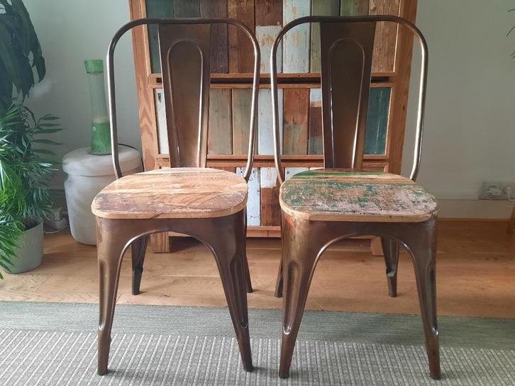 stoelen, metaal met sloophout industrieel landelijk, Huis en Inrichting, Stoelen, Zo goed als nieuw, Twee, Overige materialen