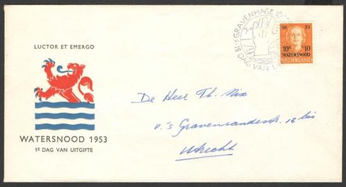 Nederland FDC E12 Met Adres Watersnood 1953, Postzegels en Munten, Postzegels | Eerstedagenveloppen, Beschreven, Nederland, Ophalen of Verzenden