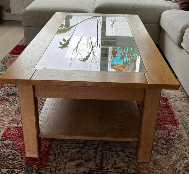 Koffietafel met glazen blad en opbergruimte, Huis en Inrichting, Tafels | Salontafels, Zo goed als nieuw, Minder dan 50 cm, 50 tot 100 cm