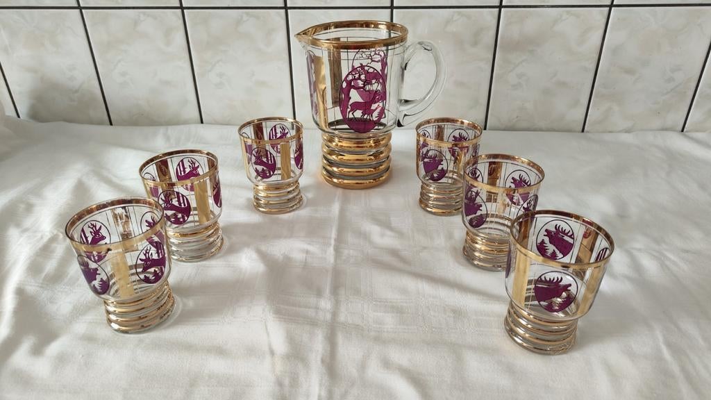 Vintage Glazen Karaf en Glazen Set met Hertmotief, Antiek en Kunst, Antiek | Glas en Kristal, Ophalen