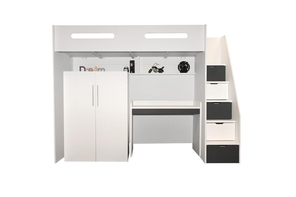 Options hoogslaper met bureau en kledingkast - 90x200 - Wit/, Huis en Inrichting, Slaapkamer | Stapelbedden en Hoogslapers, Niet ingevuld