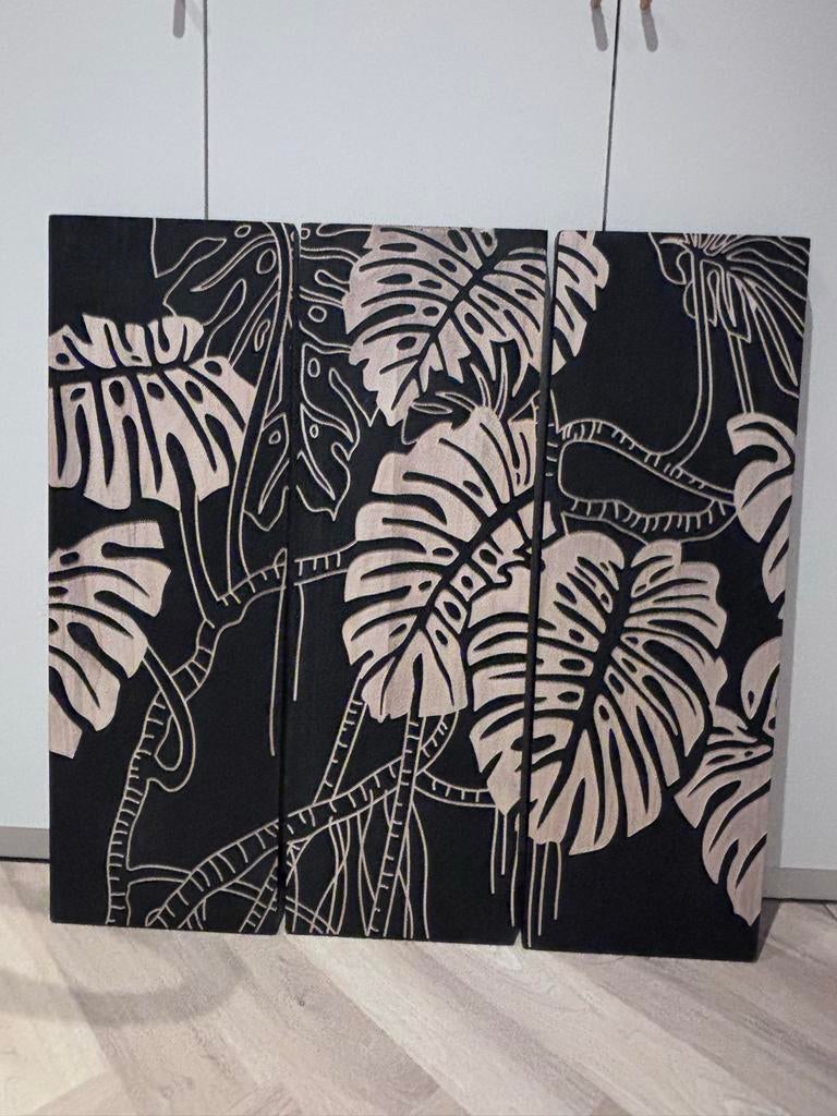 3-delig wandpaneel Neron met bladeren, Huis en Inrichting, Woonaccessoires | Wanddecoraties, Ophalen, Gebruikt, Hout, Meerkleurig