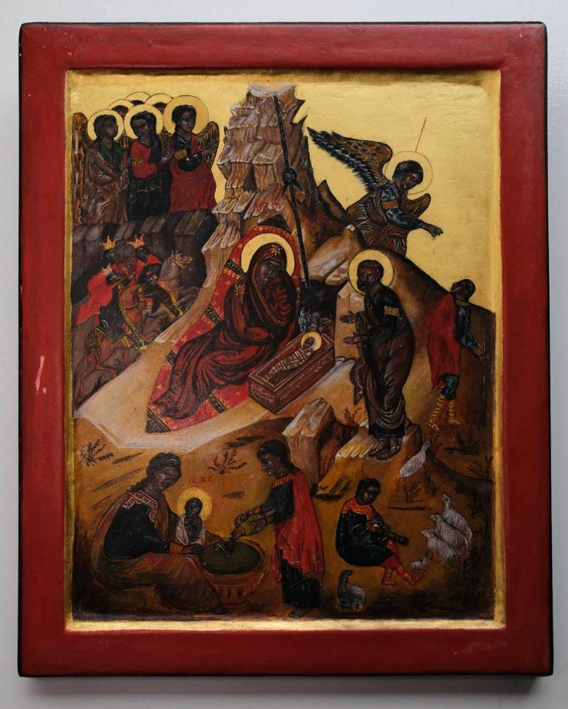 Handgeschilderd icoon Geboorte van Christus bladgoud, Antiek en Kunst, Antiek | Religie, Ophalen of Verzenden
