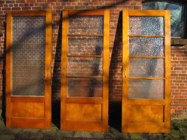 205,5hx80,5br Drie x antieke eiken binnendeuren met glas, Antiek en Kunst, Antiek | Overige Antiek, Ophalen