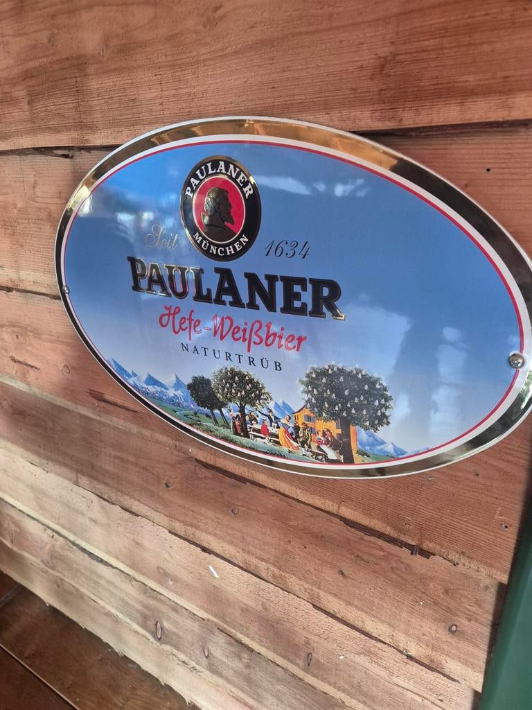 Emaille paulaner bord "nummer 2", Verzamelen, Biermerken, Ophalen of Verzenden, Gebruikt, Reclamebord, Plaat of Schild, Overige merken