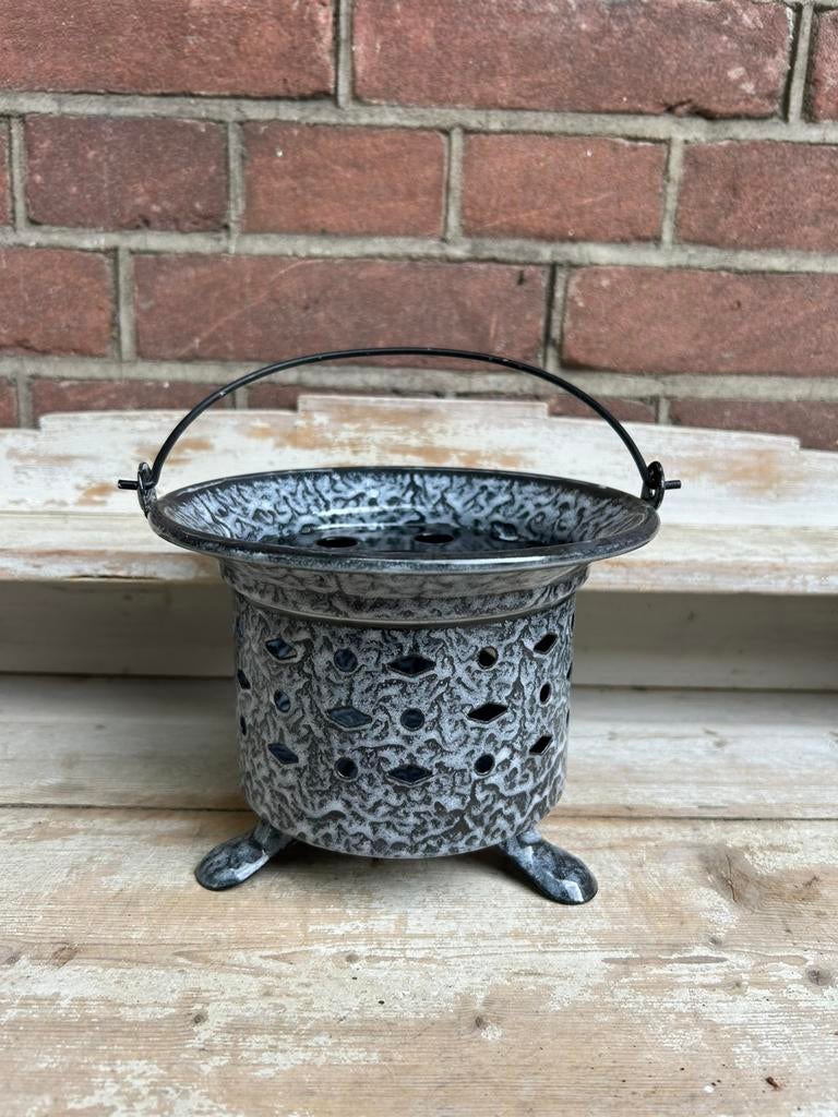 Komfoortje / thee lichtje grijs gewolkt emaille, Ophalen of Verzenden
