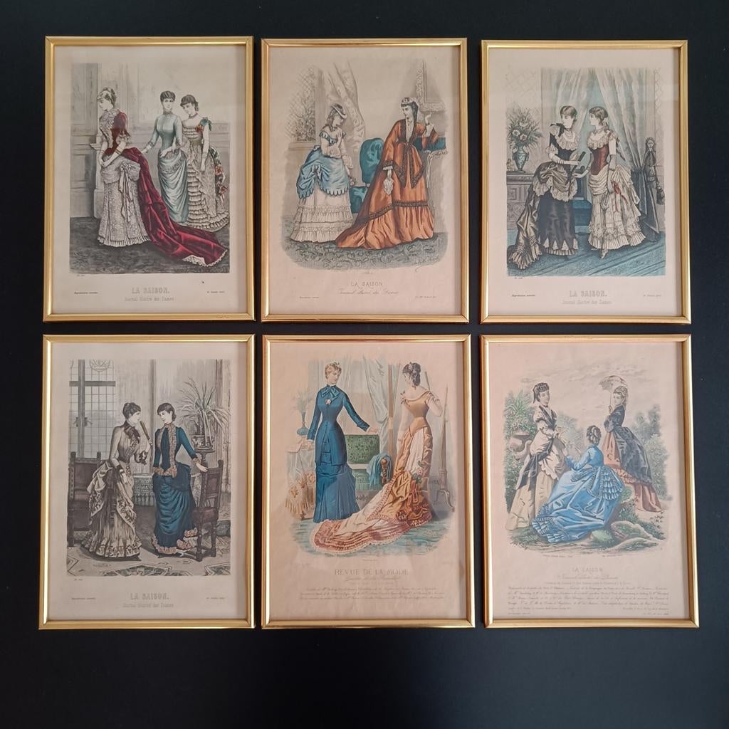 Zes ingelijste oude Franse modeprenten., Ophalen of Verzenden