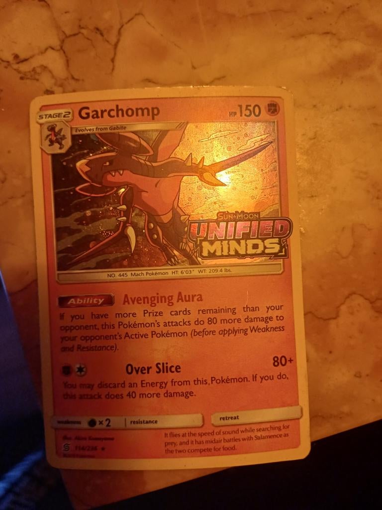 Pokémon Kaart Garchomp Unified Minds - Zo goed als nieuw, Ophalen of Verzenden, Zo goed als nieuw, Losse kaart, Foil