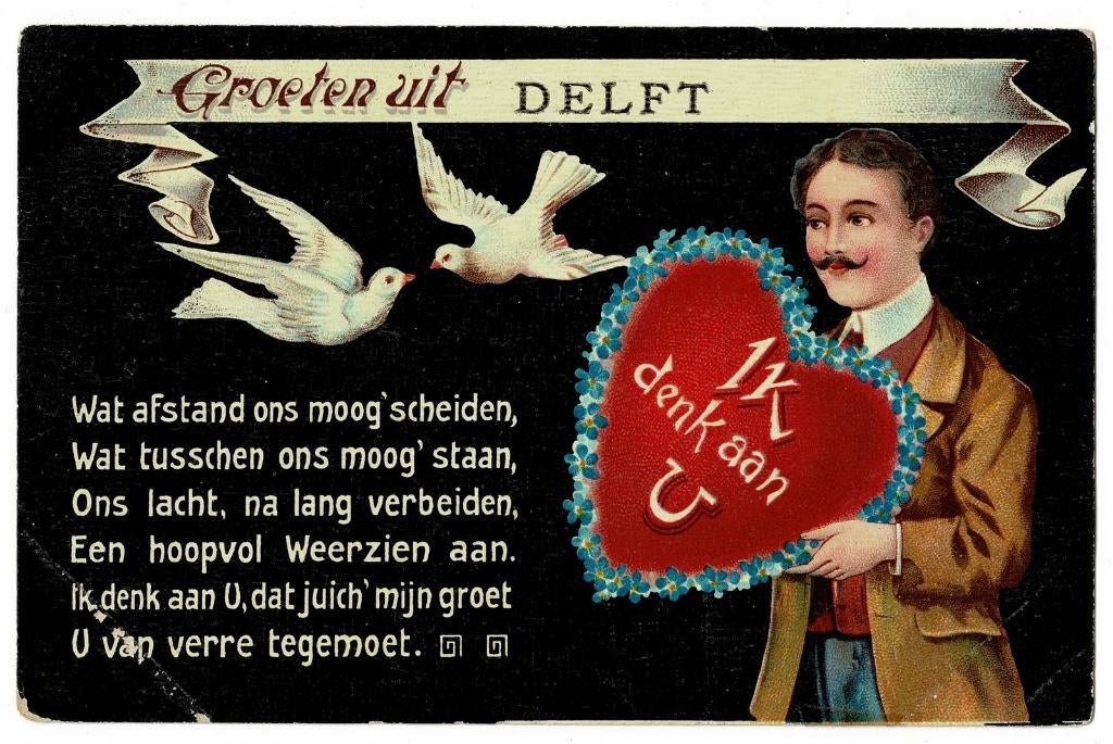 Groeten uit Delft - rijmpje 1909 (Den Bommel - Flakkee), Verzenden, Voor 1920, Zuid-Holland