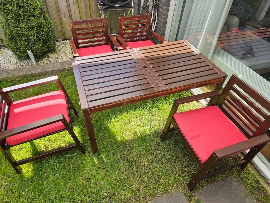 Ikea Applaro tuinset met 4 stoelen en kussens, Ophalen of Verzenden, Gebruikt, Hout, 2 zitplaatsen