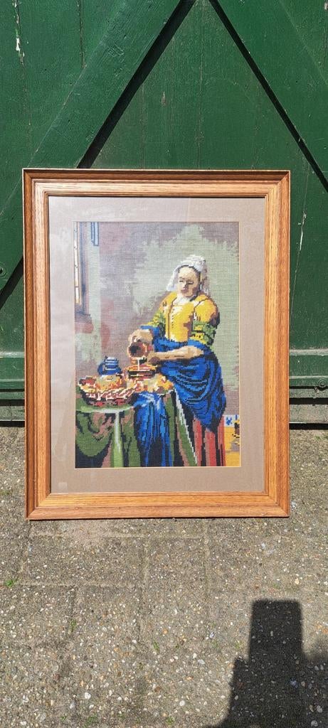 Geborduurd schilderij Melkmeisje in lijst, Ophalen