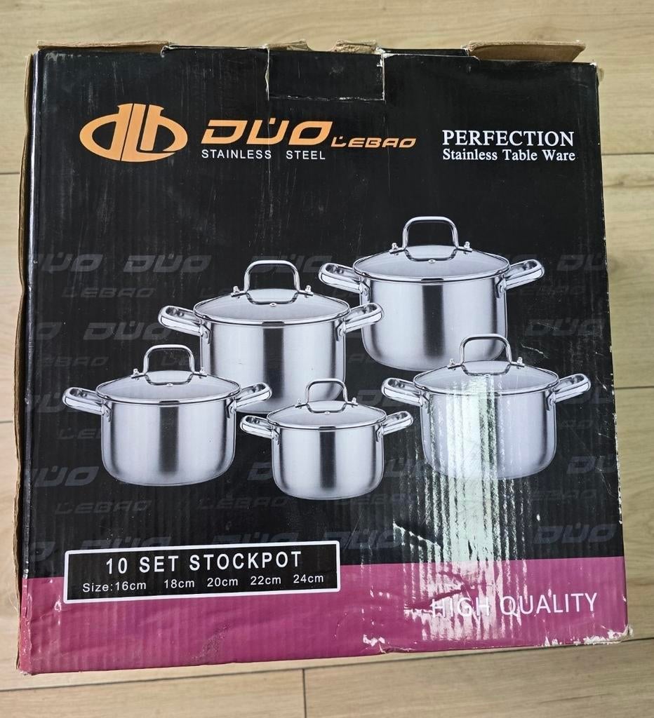 10 delige pannenset, nieuw in doos., Ophalen of Verzenden, Nieuw, Rvs, Pannenset