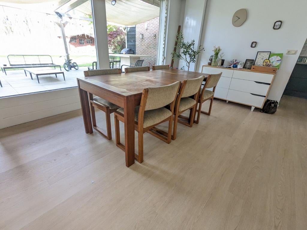 vintage Deense eetkamerset Dyrlund eettafel plus 6 stoelen, Ophalen, Gebruikt, 200 cm of meer, 50 tot 100 cm