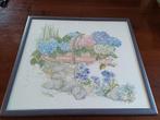 Borduurwerk Hortensia,s/viooltjes,ingelijst met glas, Gebruikt, Overige typen, Ophalen of Verzenden, Minder dan 50 cm