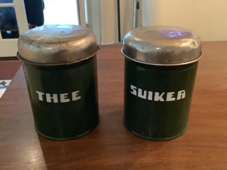 Groene emaille voorraadblikken thee en suiker en los deksel, Antiek en Kunst, Antiek | Emaille, Verzenden