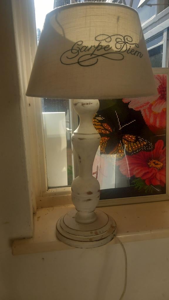 Sfeervol tafellampje 'Carpe Diem' - Brocante stijl, Ophalen, Gebruikt, Stof, Brocante, Landelijk