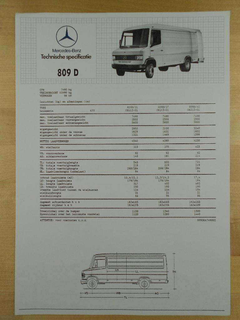 Mercedes 809D Technische Specificatie folder ca 1987 809 D, Zo goed als nieuw, Mercedes-Benz, Mercedes, Ophalen of Verzenden