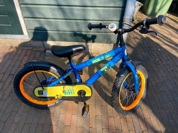 Stoere 16 inch kinderfiets - Blauw met oranje accenten, Fietsen en Brommers, Fietsen | Kinderfietsjes, Gebruikt, 16 tot 20 inch