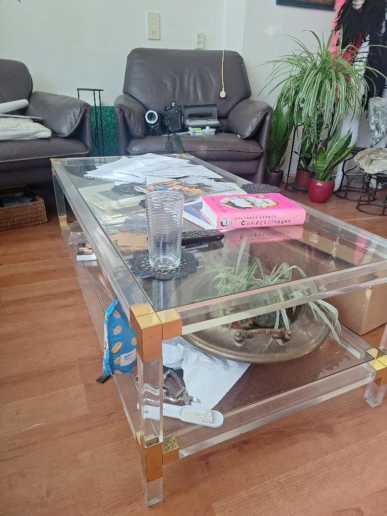 salontafel met twee glazen bladen, Ophalen, Gebruikt, 100 tot 150 cm, Glas en kunststof