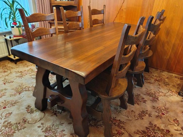 Robuuste eikenhouten eettafel met 6 stoelen, Huis en Inrichting, Tafels | Eettafels, Gebruikt, 50 tot 100 cm, 200 cm of meer, Vijf personen of meer