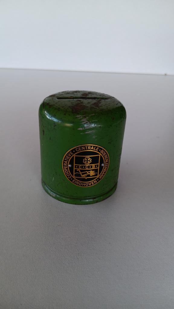 Vintage spaarpot boerenleenbank, Verzamelen, Spaarpotten, Gebruikt, Overige thema's, Metaal of Blik, Ophalen of Verzenden