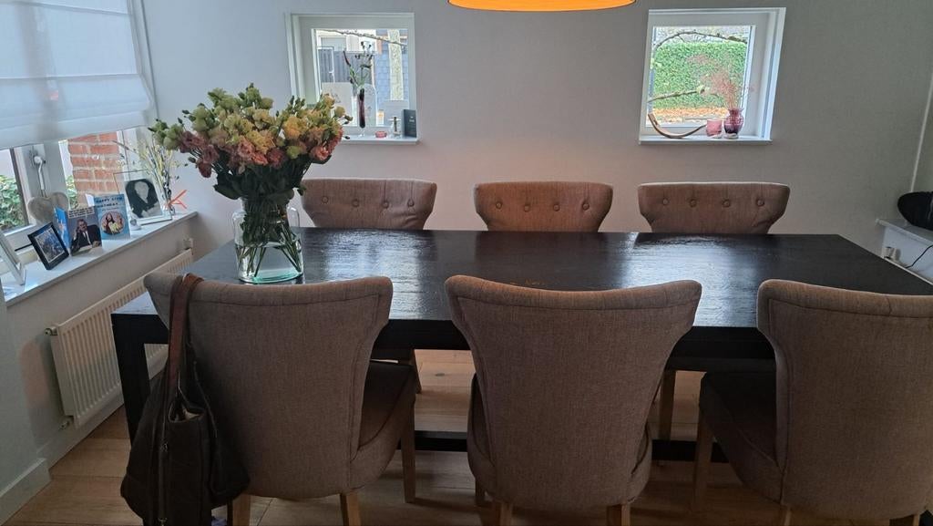 Grote eettafel 220x95 met metalen poten en houten blad, Gebruikt, 200 cm of meer, 50 tot 100 cm, Vijf personen of meer