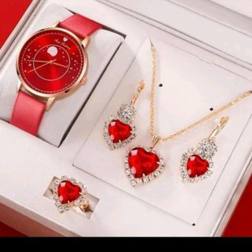 Luxe horloge en sieradenset met rode hartjes, Ophalen, Overige materialen, Met edelsteen, Nieuw